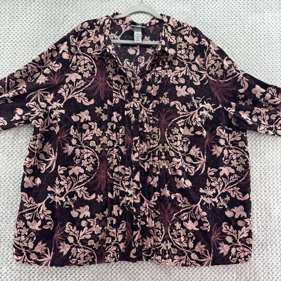 Catherines Top Women 3X Black Pink Floral Pleated Button Up Long Sleeve Collared - Picture 5 of 12